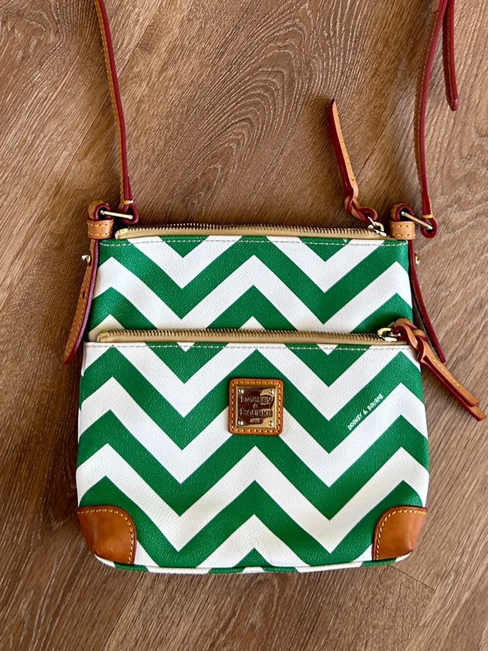Dooney & Bourke Green and White Chevron Crossbody with Brown Leather Trim